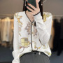 Spring And Autumn New Wool Coat Jacket Women's Long Sleeve Wide V-Neck Printed Stitching Sweater Thin Cardigan