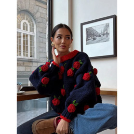 Women Vintage Casual Rose Decorated Sweater Fashion O-neck Long Sleeved Warm Pullover 2026 High Quality Versatile Commuting Top