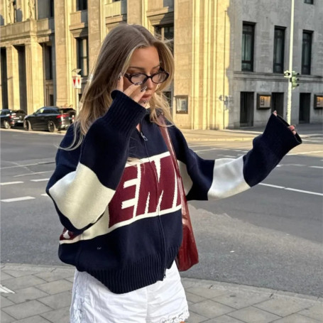 Retro Casual Harajuku Spliced ​​Simple Zipper Cardigan Knit Sweater Sweater Men Y2k Letter Fashion Embroidery Clothing Women Top