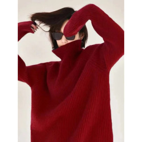 High-end high-necked cashmere sweater women's 100 pure cashmere soft waxy loose bottoming in autumn and winter Red sweater in th