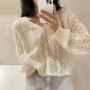 Cardigan Women V-neck Sexy Hollow Out Long Sleeve Single Breasted Sweet Solid Color Female Daily Thin Spring Autumn Breathable