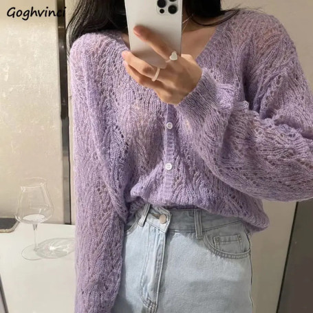 Cardigan Women V-neck Sexy Hollow Out Long Sleeve Single Breasted Sweet Solid Color Female Daily Thin Spring Autumn Breathable