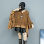 Spring Autumn Fried Dough Twists Knit Splice Ruffles Loose Bat Sleeve V-Neck Long Sleeve Pullover Sweater Women LX150
