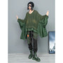 Spring Autumn Fried Dough Twists Knit Splice Ruffles Loose Bat Sleeve V-Neck Long Sleeve Pullover Sweater Women LX150