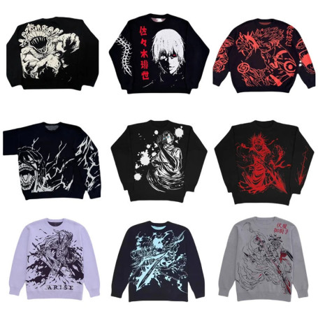 Hip Hop Knitted Men's Women's Sweater 2024 Harajuku Gothic Anime Pattern Jacquard Loose Tops Y2K Casual Streetwear Pullover