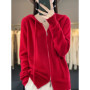 Autumn Winter 100 Merino Wool Sweater Cardigan Women's Hooded Zippers Raglan Sleeve Cashmere Knitwear Casual Chic Clothing Tops