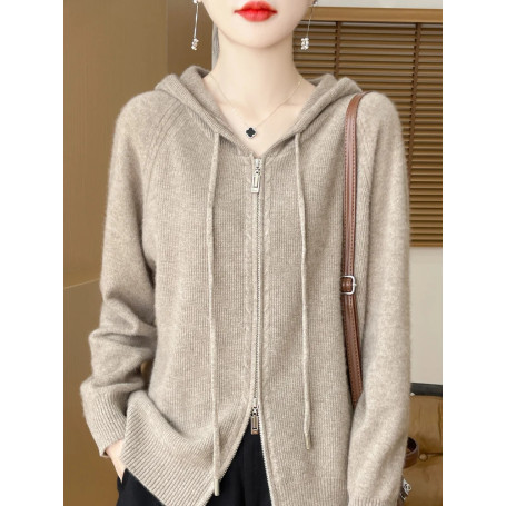 Autumn Winter 100 Merino Wool Sweater Cardigan Women's Hooded Zippers Raglan Sleeve Cashmere Knitwear Casual Chic Clothing Tops