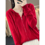 Autumn Winter 100 Merino Wool Sweater Cardigan Women's Hooded Zippers Raglan Sleeve Cashmere Knitwear Casual Chic Clothing Tops