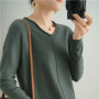 2023 Autumn/Winter Women's New Pullover Casual Solid 100 Cotton Knitted V-Neck Loose Sweater Fashion Soft Breathable Top