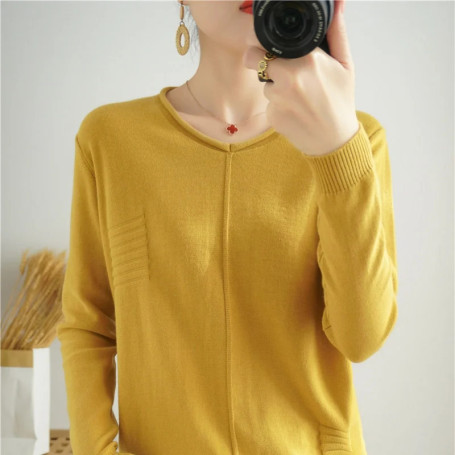 2023 Autumn/Winter Women's New Pullover Casual Solid 100 Cotton Knitted V-Neck Loose Sweater Fashion Soft Breathable Top