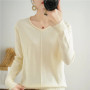 2023 Autumn/Winter Women's New Pullover Casual Solid 100 Cotton Knitted V-Neck Loose Sweater Fashion Soft Breathable Top