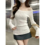 Casual Off shoulder Rib Knit Sweater Pull Women Long sleeve Top Basic Tees White Slim Pullovers Lady Sexy One Shoulder New