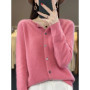 2024 New Chic Women's Basic O-neck Cardigan 100 Merino Wool Sweater Soft Grace Knitwear CoatSpring Autumn Female Clothes Tops