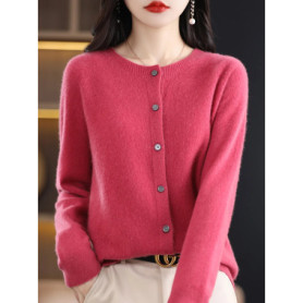 2024 New Chic Women's Basic O-neck Cardigan 100 Merino Wool Sweater Soft Grace Knitwear CoatSpring Autumn Female Clothes Tops