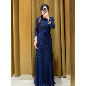 Women Vertical Striped Sweater Sparkling Diamond Decoration Hollowed Out Round Neck Knitted Cardigan or Midi Skirt