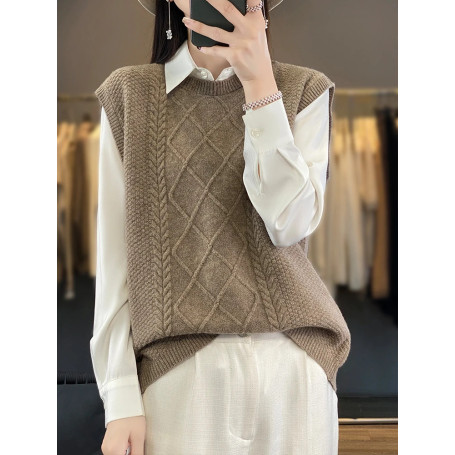 Autumn Winter New Women's 100 Merino Wool Knitwear Vest Pulllover Swearter Round Neck Versatile Cashmere Basic Sweater