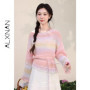 ALXNAN Women's Sweater Gradient Pink Loose-fit Long Sleeve Knit Pullover Fashion Casual Elegant Knitwear with Waist Rope L61518