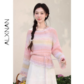 ALXNAN Women's Sweater Gradient Pink Loose-fit Long Sleeve Knit Pullover Fashion Casual Elegant Knitwear with Waist Rope L61518