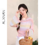 ALXNAN Women's Sweater Gradient Pink Loose-fit Long Sleeve Knit Pullover Fashion Casual Elegant Knitwear with Waist Rope L61518
