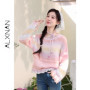 ALXNAN Women's Sweater Gradient Pink Loose-fit Long Sleeve Knit Pullover Fashion Casual Elegant Knitwear with Waist Rope L61518