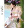 ALXNAN Women's Sweater Gradient Pink Loose-fit Long Sleeve Knit Pullover Fashion Casual Elegant Knitwear with Waist Rope L61518