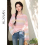 ALXNAN Women's Sweater Gradient Pink Loose-fit Long Sleeve Knit Pullover Fashion Casual Elegant Knitwear with Waist Rope L61518