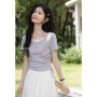 ALXNAN Purple T-shirt 2026 Summer New Women Elegant Short Sleeve Tees Waist Ruching Drawstring Casual Cotton Tops Ladies L551103