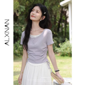 ALXNAN Purple T-shirt 2026 Summer New Women Elegant Short Sleeve Tees Waist Ruching Drawstring Casual Cotton Tops Ladies L551103