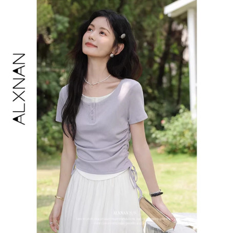 ALXNAN Purple T-shirt 2026 Summer New Women Elegant Short Sleeve Tees Waist Ruching Drawstring Casual Cotton Tops Ladies L551103