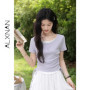 ALXNAN Purple T-shirt 2026 Summer New Women Elegant Short Sleeve Tees Waist Ruching Drawstring Casual Cotton Tops Ladies L551103