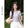 ALXNAN Purple T-shirt 2026 Summer New Women Elegant Short Sleeve Tees Waist Ruching Drawstring Casual Cotton Tops Ladies L551103