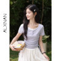 ALXNAN Purple T-shirt 2026 Summer New Women Elegant Short Sleeve Tees Waist Ruching Drawstring Casual Cotton Tops Ladies L551103