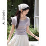 ALXNAN Purple T-shirt 2026 Summer New Women Elegant Short Sleeve Tees Waist Ruching Drawstring Casual Cotton Tops Ladies L551103