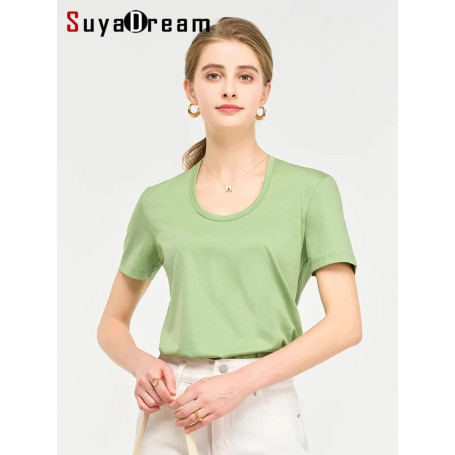 SuyaDream,Women Solid T shirts, Silk Cotton Blend, Square Collar, Short Sleeved Tee, 2025 Summer Candy Colors Basic Cozy Top
