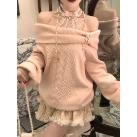 Women Sweet Hot Girl Bow Off-Shoulder Sweater Autumn Winter Elegant Sexy Fashion Knitted Tops Casual Y2k Knitwear Pullover New