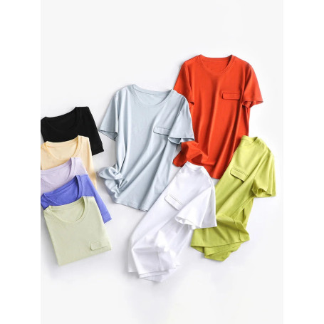 SuyaDrea, Woman Summer New Tee, Silk Acetate Blend, Crew Neck, Short Sleeved, Solid Cosy T Shirt, Candy Colors Top