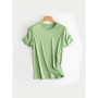 SuyaDream Women Solid T shirts, Silk Cotton Blend, O Neck, Short Sleeved Solid Tee,2025 Summer Candy Colors Basic Cozy Top Green