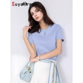 SuyaDream Women Solid T shirts, Silk Cotton Blend, O Neck, Short Sleeved Solid Tee,2025 Summer Candy Colors Basic Cozy Top Green