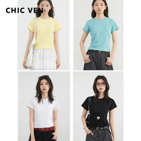 CHIC VEN New Women T-Shirts Loose Casual Round Neck Basic Short Sleeved Girl Tees Solid Fenale Tops Spring Summer 2025 Clothing