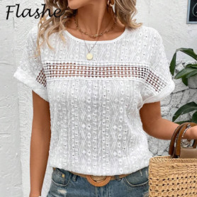 Summer Women Casual T-shirts O Neck Short Sleeve Tee Tops Female Elegant Hollow Out Design Loose Shirts For Women
