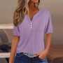 Women Casual T Shirt V Neck Short Sleeve Button Loose Tee Tops Summer Basic T-Shirts For Women Elegant Pullover