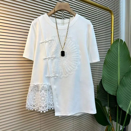 Trend Lace Patchwork Irregular Loose T Shirts Summer Short Sleeve Plus Size Street Casual Tops Fashion Vintage Women Clothing