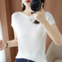 Spring Summer T-shirt Women Short Sleeves Slim Striped Innerwear Slash Neck Fashion Korean Loose Knitted T-shirt Sweater 2025