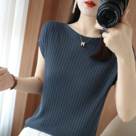 Spring Summer T-shirt Women Short Sleeves Slim Striped Innerwear Slash Neck Fashion Korean Loose Knitted T-shirt Sweater 2025
