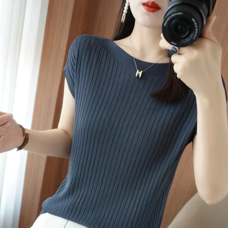 Spring Summer T-shirt Women Short Sleeves Slim Striped Innerwear Slash Neck Fashion Korean Loose Knitted T-shirt Sweater 2025