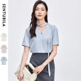 SENTUBILA Chiffon Women Blouse 2026 Short Sleeve Lace-up Neck Elegant Office Lady Commuting Shirt Female Clothing 152V58359