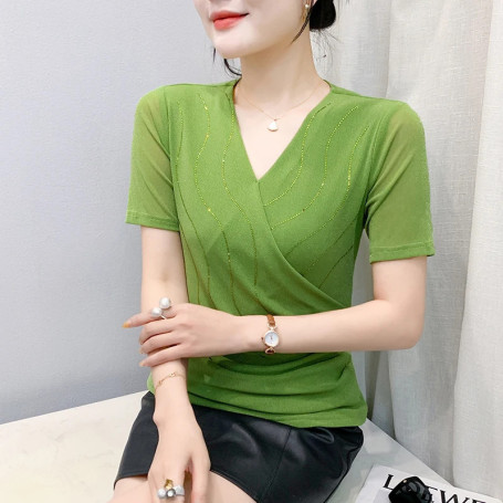 2025,New,Summer,European,Clothes,Draped,T-Shirt,Chic,Sexy,V-Neck,Shiny,Diamonds,Women,Tops,Short Sleeve,Bottoming Shirt,Tees,550