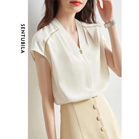SENTUBILA Elegant Summer Chiffon Blouses For Women 2026 Fashion Straight V-Neck Short Sleeve Casual Shirts & Blouses 122V41190