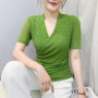 2025,New,Summer,European,Clothes,Mesh,T-Shirt,Chic,Sexy,V-Neck,Draped,Shiny,Beading,Diamonds,Women,Tops,Short Sleeve,Tees,55012