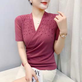 2025,New,Summer,European,Clothes,Mesh,T-Shirt,Chic,Sexy,V-Neck,Draped,Shiny,Beading,Diamonds,Women,Tops,Short Sleeve,Tees,55012